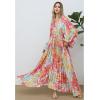 imageCHICWISH Women Printed Pleated Maxi Dress Long Bubble Sleeve Button Down Summer Casual Fashion Coral Long Dresses with BeltCoral