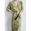 imageCHICWISH Women Summer Elegant Floral Print Faux Wrap Dresses 34 Batwing Sleeve V Neck High Waist Split Midi DressGreen