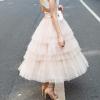 imageCHICWISH Womens Nude PinkBlack Tiered Layered Mesh Ballet Prom Party Tulle Tutu Aline Midi SkirtNude Pink