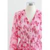 imageCHICWISH Womens OrangeLilacBlack VNeck Delicate Floral Print Buttons Shirred Chiffon Slit Maxi DressHot Pink