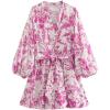 imageCHICWISH Women Floral Print Long Lantern Sleeves Mini Dress V Neck Button Summer Beach Vacation Frilling Dress with BeltHot Pink