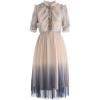 imageCHICWISH Women Gradient Pleated Mesh Tulle Midi Dress Elegant Ruffle Short Sleeve Button Down High Waist Summer Midi DressBlue