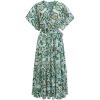 imageCHICWISH Women Leaves Printed Chiffon Midi Dress V Neck Flutter Sleeve Summer Wrap Dresses High Waist Casual Dress with BeltGreen