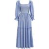 imageCHICWISH Women Square Neck Midi Dress Long Sleeve Floret Embroidery Cotton High Waist Long Dress with PocketsBlue