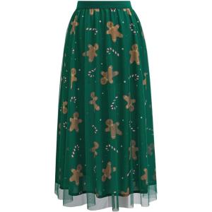 imageCHICWISH Women Christmas Gingerbread Man Green Mesh Tulle Midi Skirt ALine High Waist Flowy Holiday Party SkirtsGreen