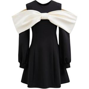 imageCHICWISH Women ColdShouder Midi Dress Big Bow Long Sleeve Elegant Dress Balck Flare Mini Dress with Side Pockets Black