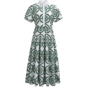 imageCHICWISH Women Cotton Midi Dress Crochet Collar Short Sleeve Embroidered Eyelet Button Down Casual Long DressGreen