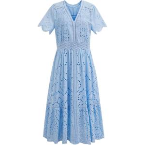 imageCHICWISH Women Cutwork Embroidered Eyelet Midi Dress V Neck Short Sleeve Casual Summer Cotton Vacation Long DressBlue