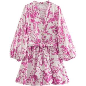 imageCHICWISH Women Floral Print Long Lantern Sleeves Mini Dress V Neck Button Summer Beach Vacation Frilling Dress with BeltHot Pink