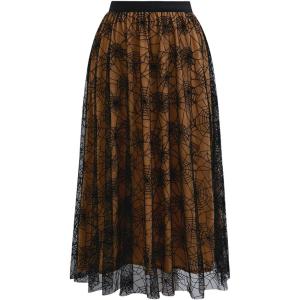 imageCHICWISH Women Halloween Tulle Skirt Cobweb Pattern Fairy A Line High Elastic Waist Mesh Layered Midi SkirtPumpkin
