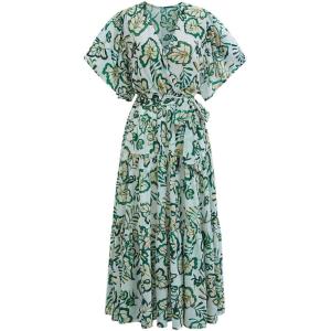 imageCHICWISH Women Leaves Printed Chiffon Midi Dress V Neck Flutter Sleeve Summer Wrap Dresses High Waist Casual Dress with BeltGreen