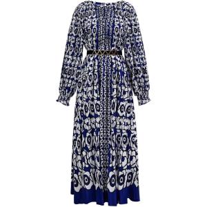 imageCHICWISH Women Long Sleeve Maxi Dress Floral Print Crewneck Casual Pleated Summer Long Dresses with Belt NavyNavy