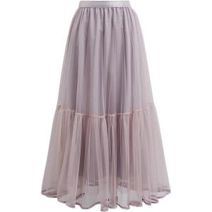 imageCHICWISH Women Mesh Tulle Midi Skirt Piping Hem Elastic High Waist Flowy ALine DoubleLayered Pink Skirts