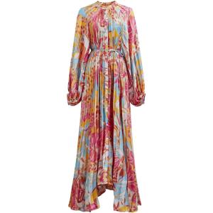 imageCHICWISH Women Printed Pleated Maxi Dress Long Bubble Sleeve Button Down Summer Casual Fashion Coral Long Dresses with BeltCoral
