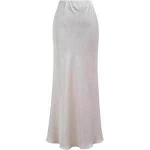 imageCHICWISH Women Satin Midi Skirt High Waist A Line Flared Solid Skirts Summer Elegant Party Flowy Long SkirtsIvory