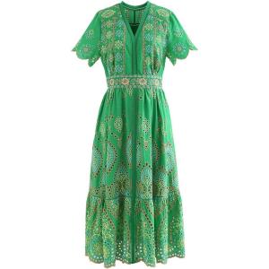 imageCHICWISH Women Short Sleeves Eyelet Embroidery Cotton Midi Dress V Neck Casual Green Summer Vacation DressGreen