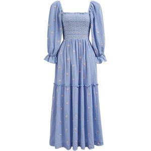 imageCHICWISH Women Square Neck Midi Dress Long Sleeve Floret Embroidery Cotton High Waist Long Dress with PocketsBlue