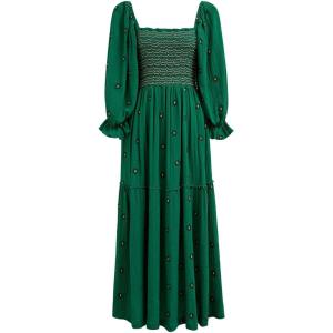 imageCHICWISH Women Square Neck Midi Dress Long Sleeve Floret Embroidery Cotton High Waist Long Dress with PocketsGreen