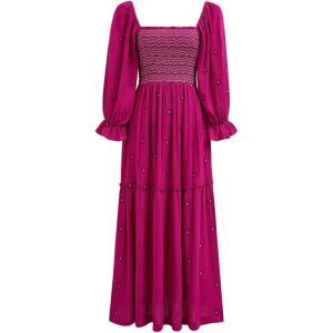 imageCHICWISH Women Square Neck Midi Dress Long Sleeve Floret Embroidery Cotton High Waist Long Dress with PocketsHot Pink