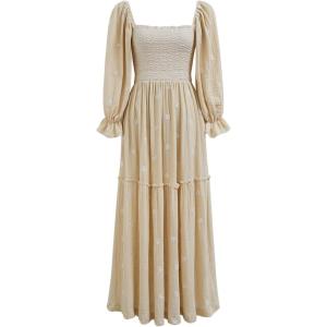 imageCHICWISH Women Square Neck Midi Dress Long Sleeve Floret Embroidery Cotton High Waist Long Dress with PocketsLight Yellow