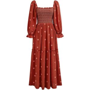 imageCHICWISH Women Square Neck Midi Dress Long Sleeve Floret Embroidery Cotton High Waist Long Dress with PocketsOrange