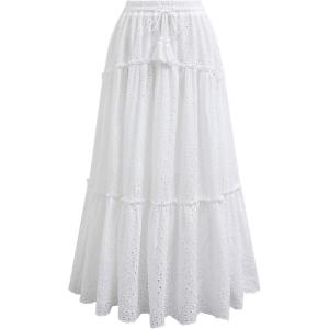 imageCHICWISH Women Summer Boho Maxi Skirt Eyelet Embroidery Elastic Waist Tassel String Casual Cotton Beach Vacation Long SkirtsWhite