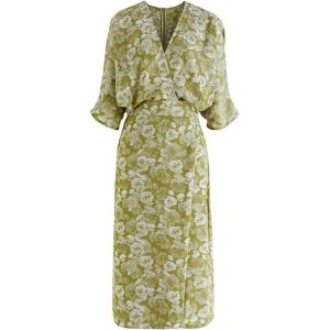 imageCHICWISH Women Summer Elegant Floral Print Faux Wrap Dresses 34 Batwing Sleeve V Neck High Waist Split Midi DressGreen