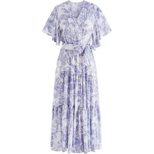 imageCHICWISH Women Summer V Neck FauxWrap Dress Branch Printed Casual Long Dress Flutter Short Sleeve Maxi Dresses with BeltLilac