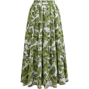 imageCHICWISH Women Tropical Floral Print Maxi Skirt Elastic Waist Summer Pleated Flowy Casual Vacation Hawaiian Long SkirtGreen
