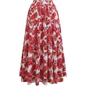 imageCHICWISH Women Tropical Floral Print Maxi Skirt Elastic Waist Summer Pleated Flowy Casual Vacation Hawaiian Long SkirtRed