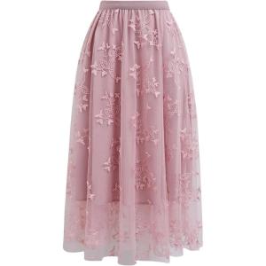 imageCHICWISH Women Tulle Mesh Midi Skirt Butterfly Embroidered High Waist ALine Flowy Fairy DoubleLayered Pink SkirtsPink