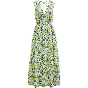 imageCHICWISH Women V Neck Sleeveless Cotton Midi Dress Lemon Printed Button Beach Vacation Summer Long Dress with Side PocketsGreen