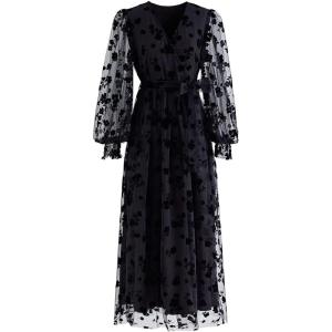 imageCHICWISH Womens 3D Posy Mesh Wrap Puff Sleeves Maxi DressBlack3d Posy Dress