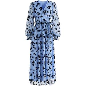 imageCHICWISH Womens 3D Posy Mesh Wrap Puff Sleeves Maxi DressBlue3d Posy Dress