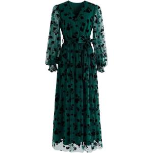 imageCHICWISH Womens 3D Posy Mesh Wrap Puff Sleeves Maxi DressEmerald3d Posy Dress