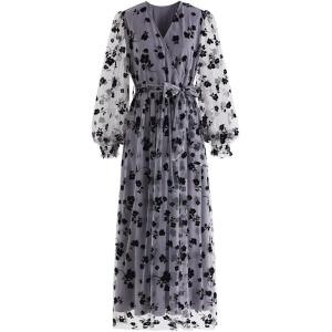 imageCHICWISH Womens 3D Posy Mesh Wrap Puff Sleeves Maxi DressGrey3d Posy Dress
