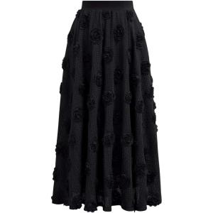 imageCHICWISH Womens 3D Rose Openwork Elastic Waist Cotton Casual Midi SkirtBlack