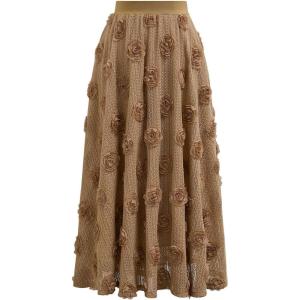 imageCHICWISH Womens 3D Rose Openwork Elastic Waist Cotton Casual Midi SkirtCamel