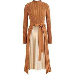 imageCHICWISH Womens BlackDark GreenCaramelCreamViolet Front Pleats Splicing Belted HiLo Knit Midi DressCaramel