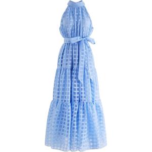 imageCHICWISH Womens Hot PinkBlue Check Halter Neck Tie Waist Maxi DressBlue