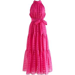 imageCHICWISH Womens Hot PinkBlue Check Halter Neck Tie Waist Maxi DressHot Pink
