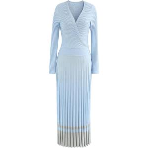 imageCHICWISH Womens LilacBlackCamelBaby Blue VNeck Soft Knit Contrast Hem Wrap Midi DressBaby Blue