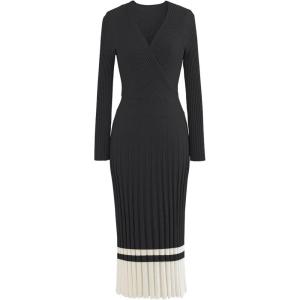 imageCHICWISH Womens LilacBlackCamelBaby Blue VNeck Soft Knit Contrast Hem Wrap Midi DressBlack