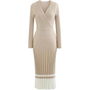 imageCHICWISH Womens LilacBlackCamelBaby Blue VNeck Soft Knit Contrast Hem Wrap Midi DressCamel