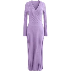 imageCHICWISH Womens LilacBlackCamelBaby Blue VNeck Soft Knit Contrast Hem Wrap Midi DressLilac
