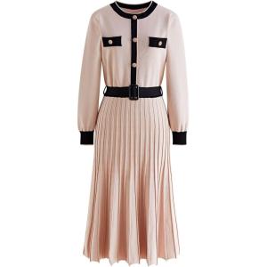 imageCHICWISH Womens Nude Pink LongSleeve Belted Contrast Color Pleated Buttoned Knit DressNude Pinklongsleeve