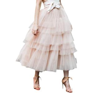 imageCHICWISH Womens Nude PinkBlack Tiered Layered Mesh Ballet Prom Party Tulle Tutu Aline Midi SkirtNude Pink