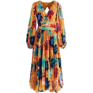 imageCHICWISH Womens Orange Floral Cut Out Back Pleated Satin DressOrange