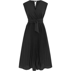 imageCHICWISH Womens OrangeGreenBlack Sash Adorned Pleated Wrap Sleeveless DressVneckblack