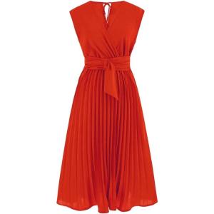 imageCHICWISH Womens OrangeGreenBlack Sash Adorned Pleated Wrap Sleeveless DressVneckorange
